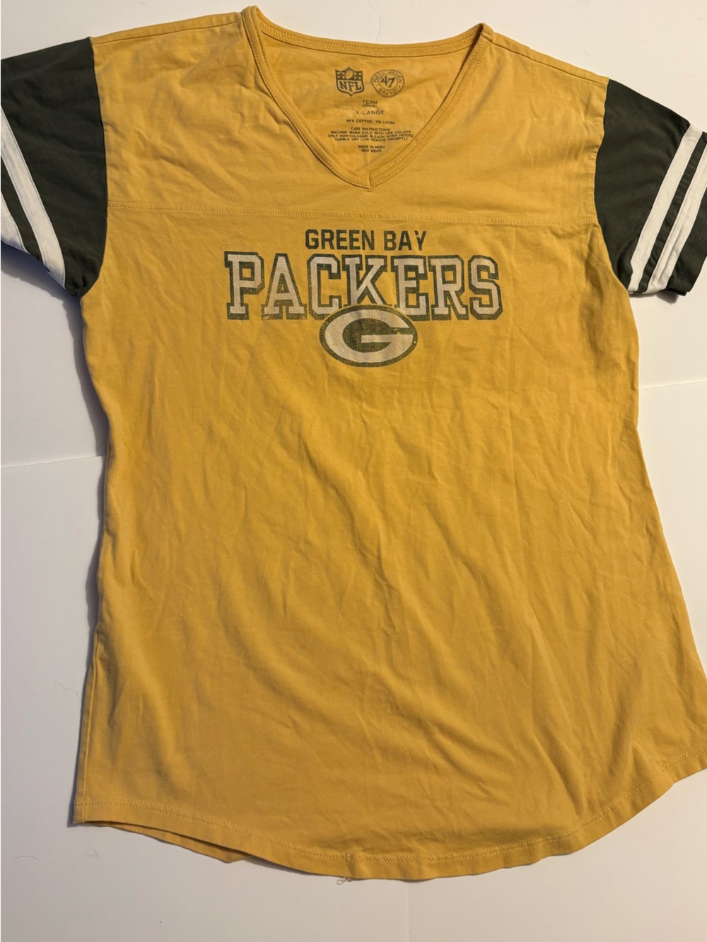 '47 Brand Green Bay Packers Women's Yellow, Green Reglan V-neck Short Sleeve Tee